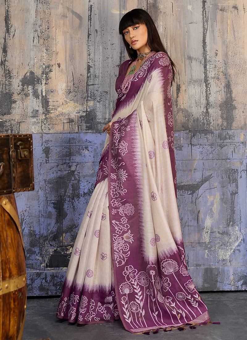 Cotton blend cream & plum saree