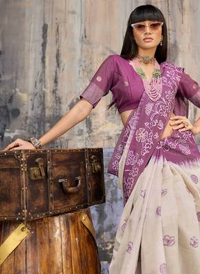 Cotton blend cream & plum saree 3