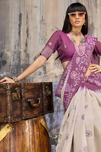 Cotton blend cream & plum saree