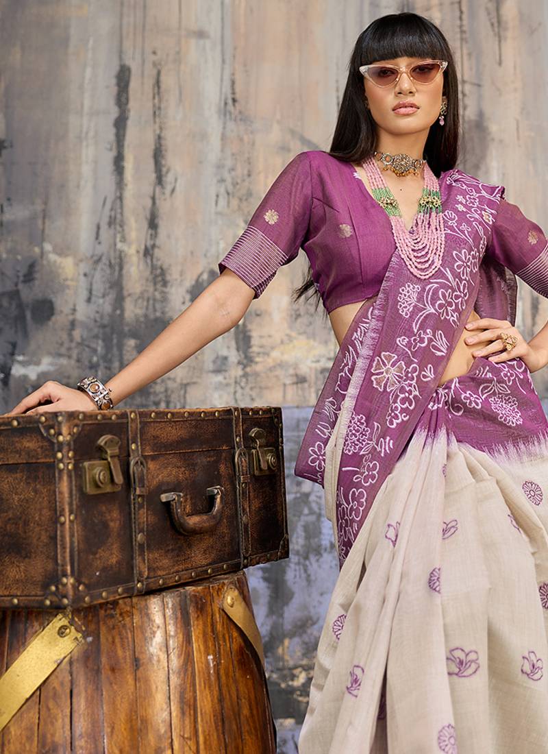 Cotton blend cream & plum saree