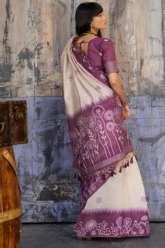 Cotton blend cream & plum saree