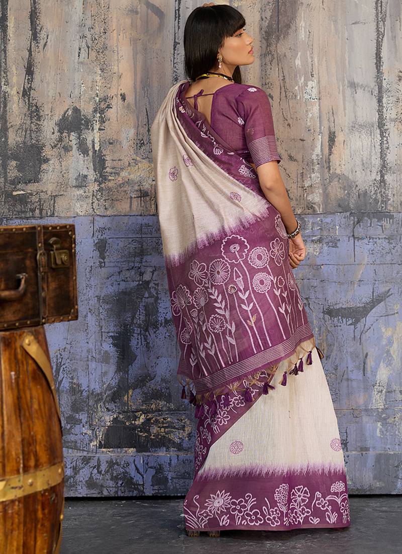 Cotton blend cream & plum saree
