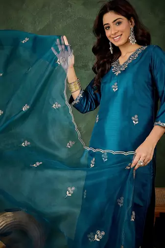 Blue women kurta pant dupatta set