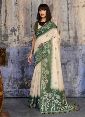 Cotton blend cream & olive green saree 1