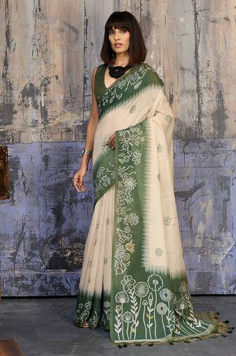 Cotton blend cream & olive green saree