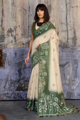 Cotton blend cream & olive green saree