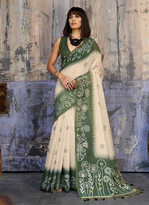 Cotton blend cream & olive green saree 2