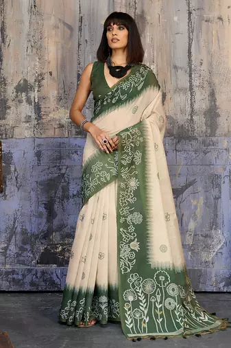 Cotton blend cream & olive green saree