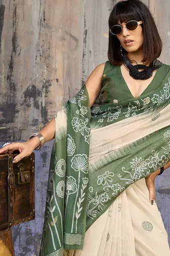 Cotton blend cream & olive green saree