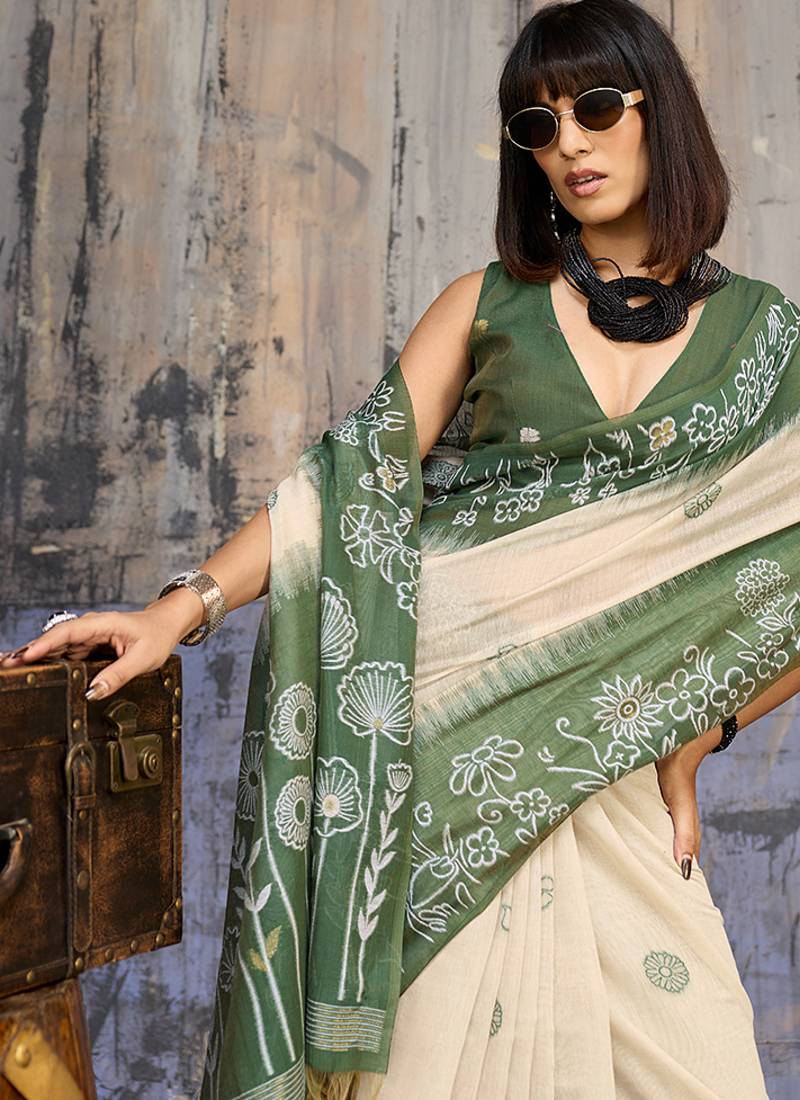 Cotton blend cream & olive green saree