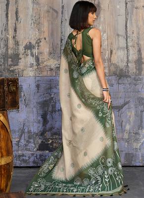 Cotton blend cream & olive green saree 4