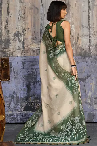 Cotton blend cream & olive green saree
