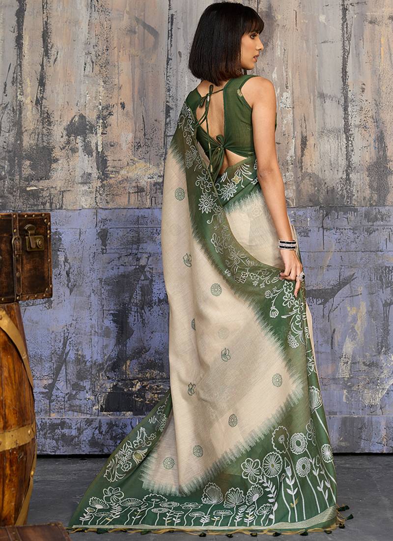 Cotton blend cream & olive green saree