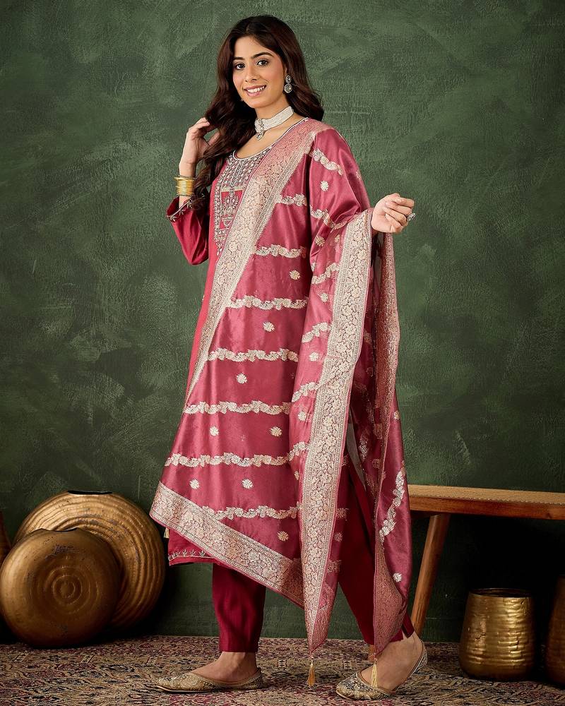 Maroon women kurta pant dupatta set