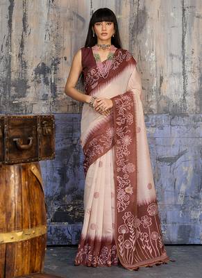 Cotton blend cream & brown saree 1
