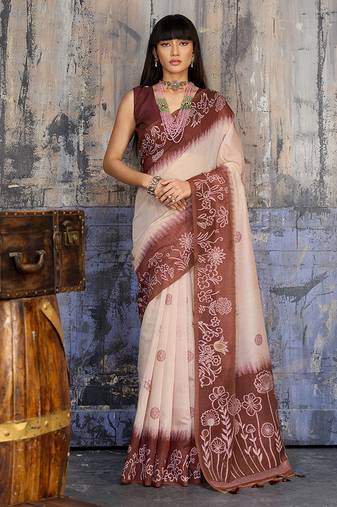Cotton blend cream & brown saree