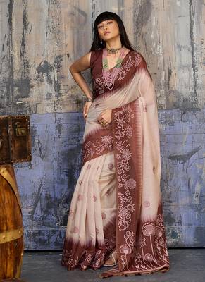 Cotton blend cream & brown saree 2