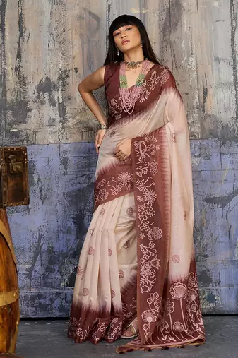 Cotton blend cream & brown saree