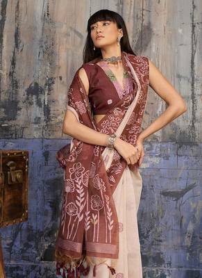 Cotton blend cream & brown saree 3