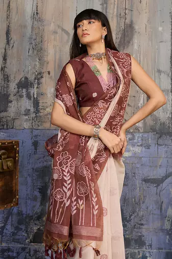 Cotton blend cream & brown saree