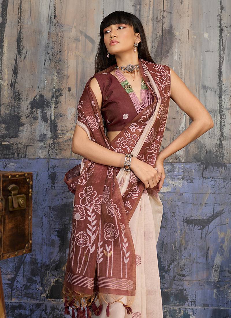 Cotton blend cream & brown saree