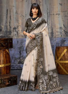 Cotton blend cream & black saree 1