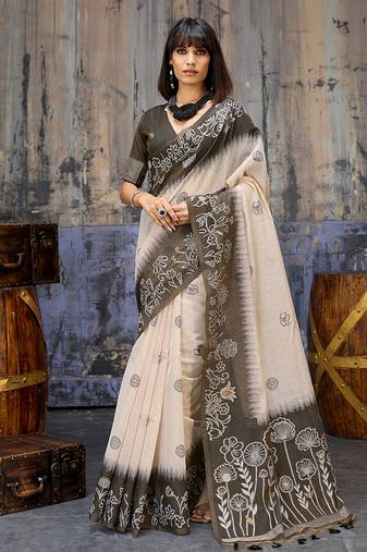 Cotton blend cream & black saree