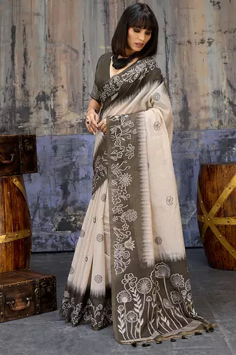 Cotton blend cream & black saree
