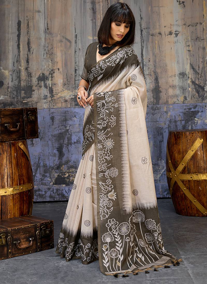 Cotton blend cream & black saree
