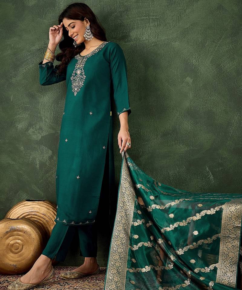 Green women kurta pant dupatta set
