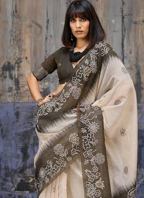 Cotton blend cream & black saree 3