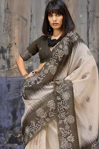 Cotton blend cream & black saree