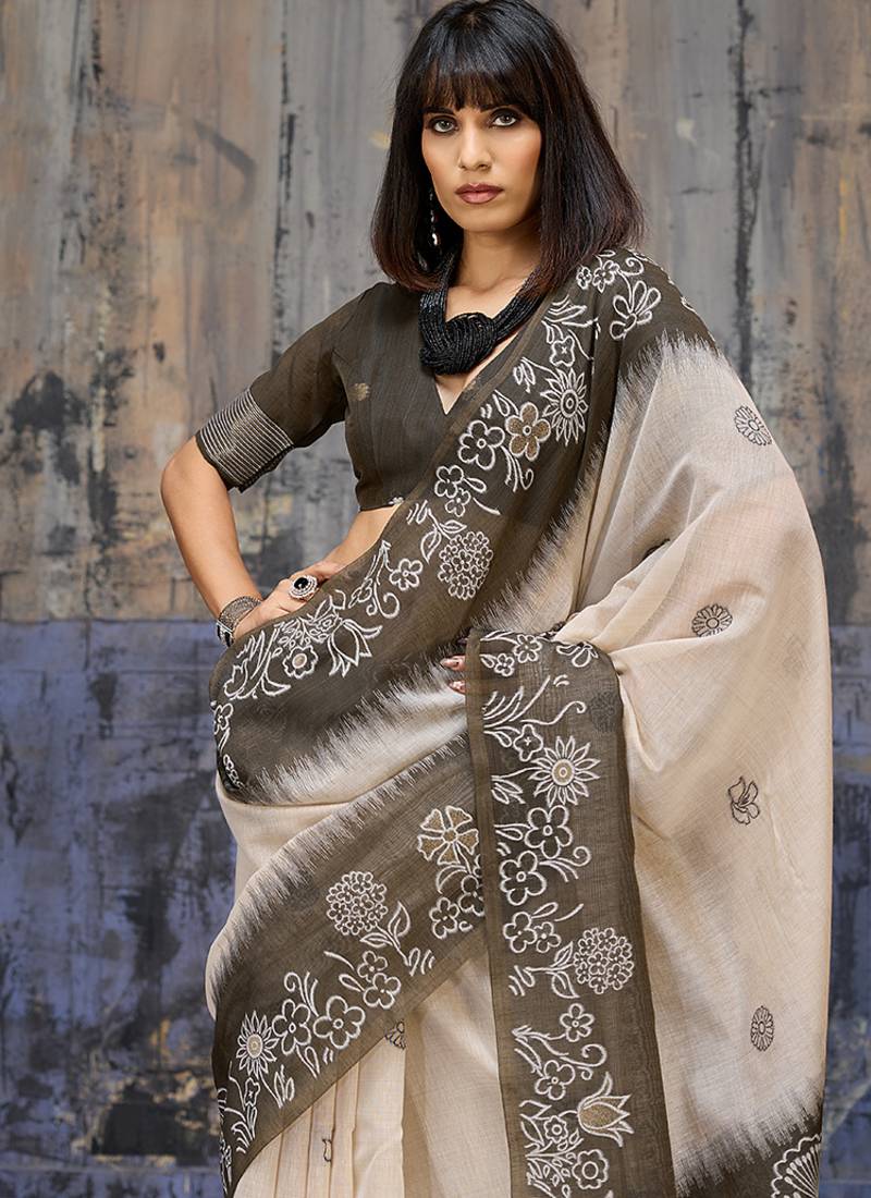 Cotton blend cream & black saree