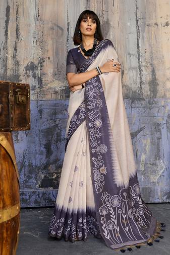 Cotton blend cream & navy blue saree