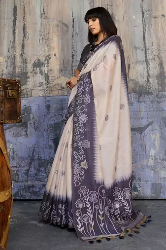 Cotton blend cream & navy blue saree