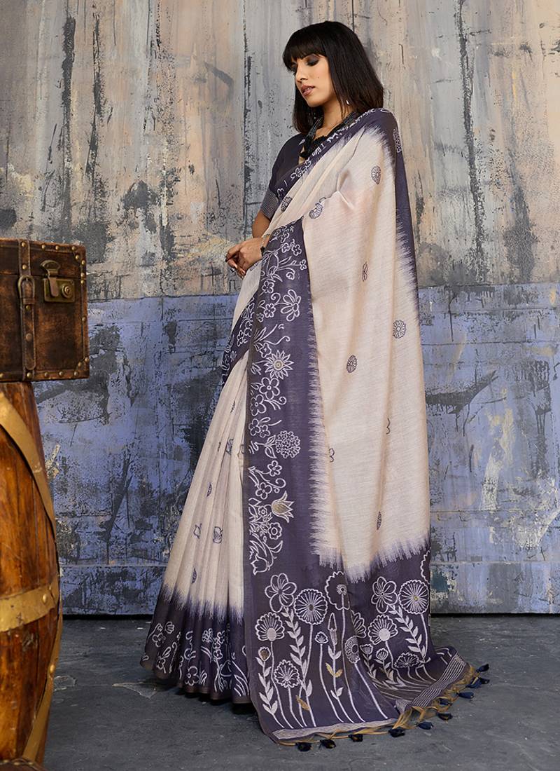 Cotton blend cream & navy blue saree