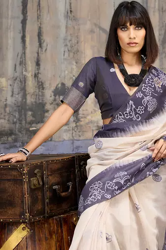 Cotton blend cream & navy blue saree
