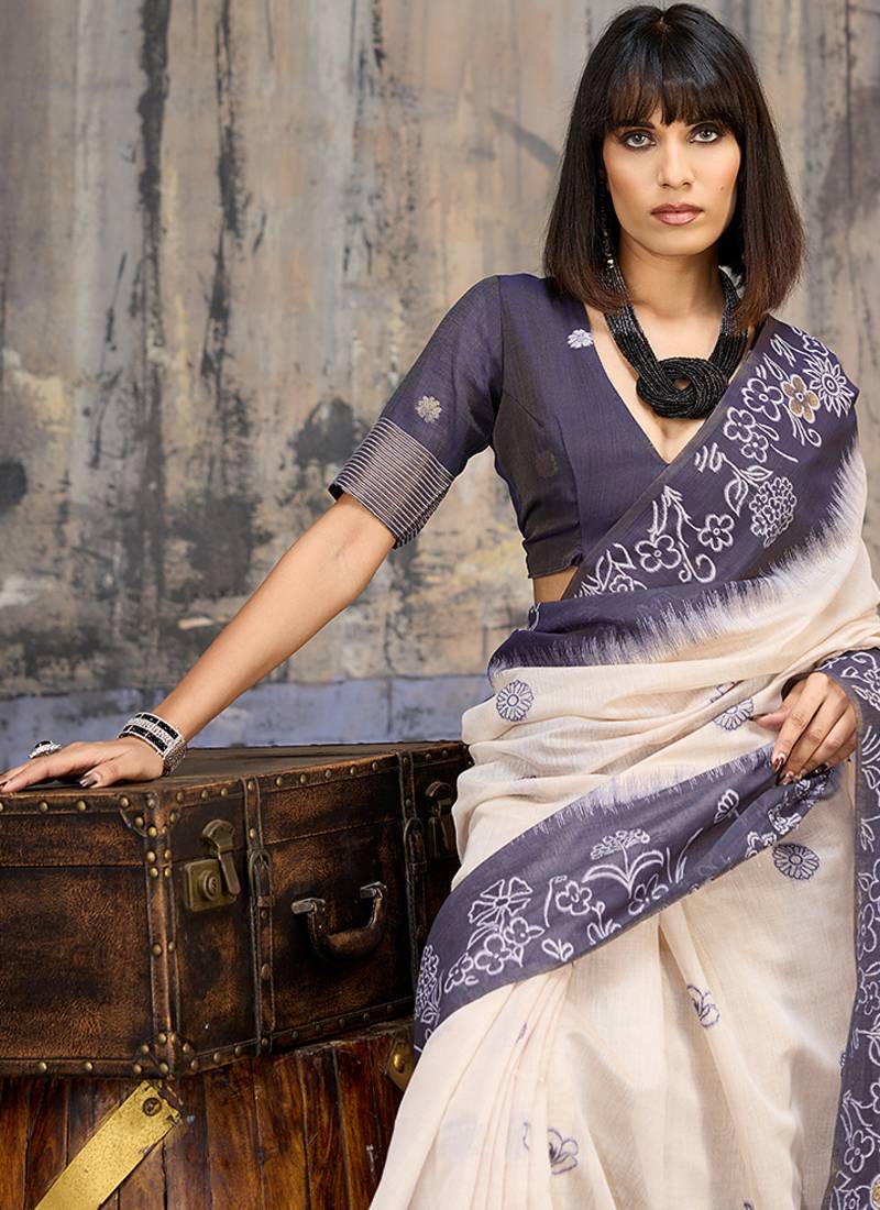 Cotton blend cream & navy blue saree