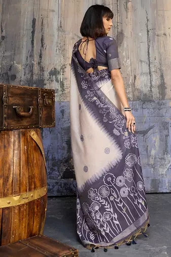 Cotton blend cream & navy blue saree