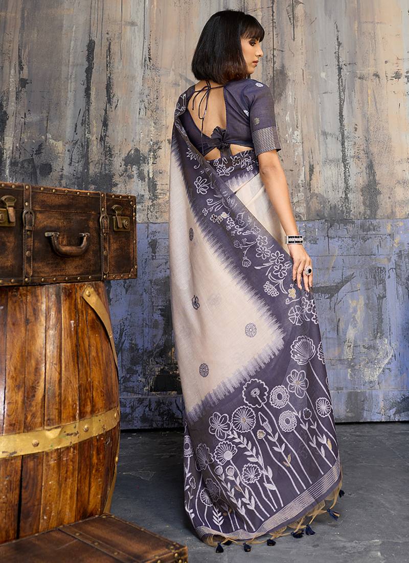 Cotton blend cream & navy blue saree