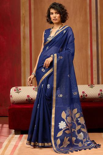 navy blue art silk woven work saree