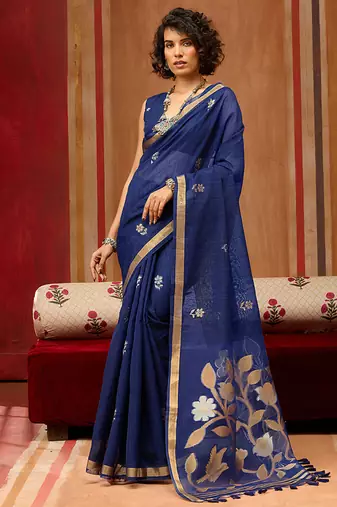 navy blue art silk woven work saree