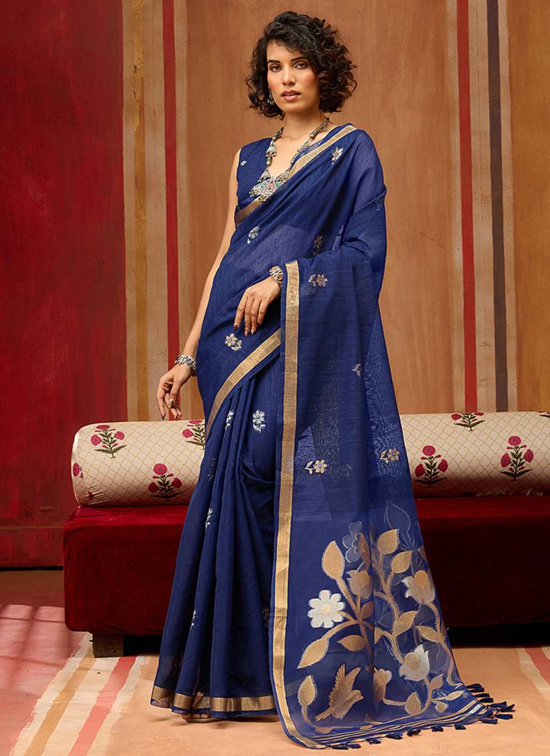 navy blue art silk woven work saree