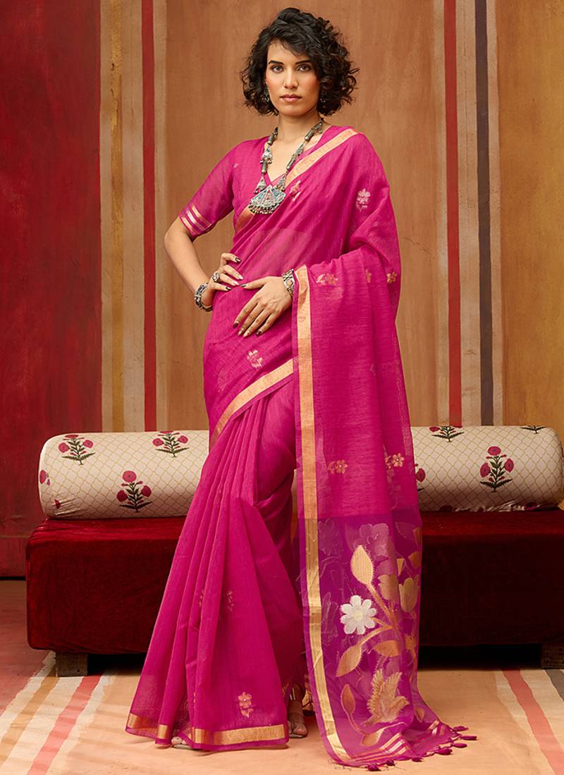 rani pink art silk woven work saree