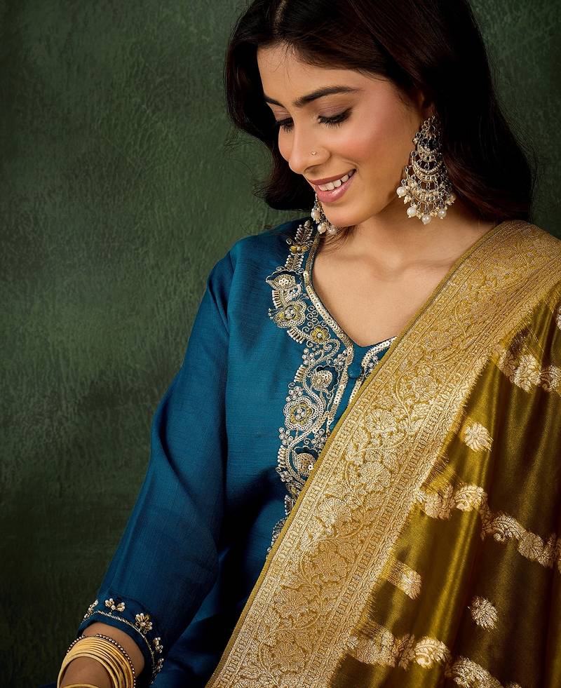 Blue women kurta pant dupatta set