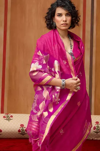 rani pink art silk blend woven work saree