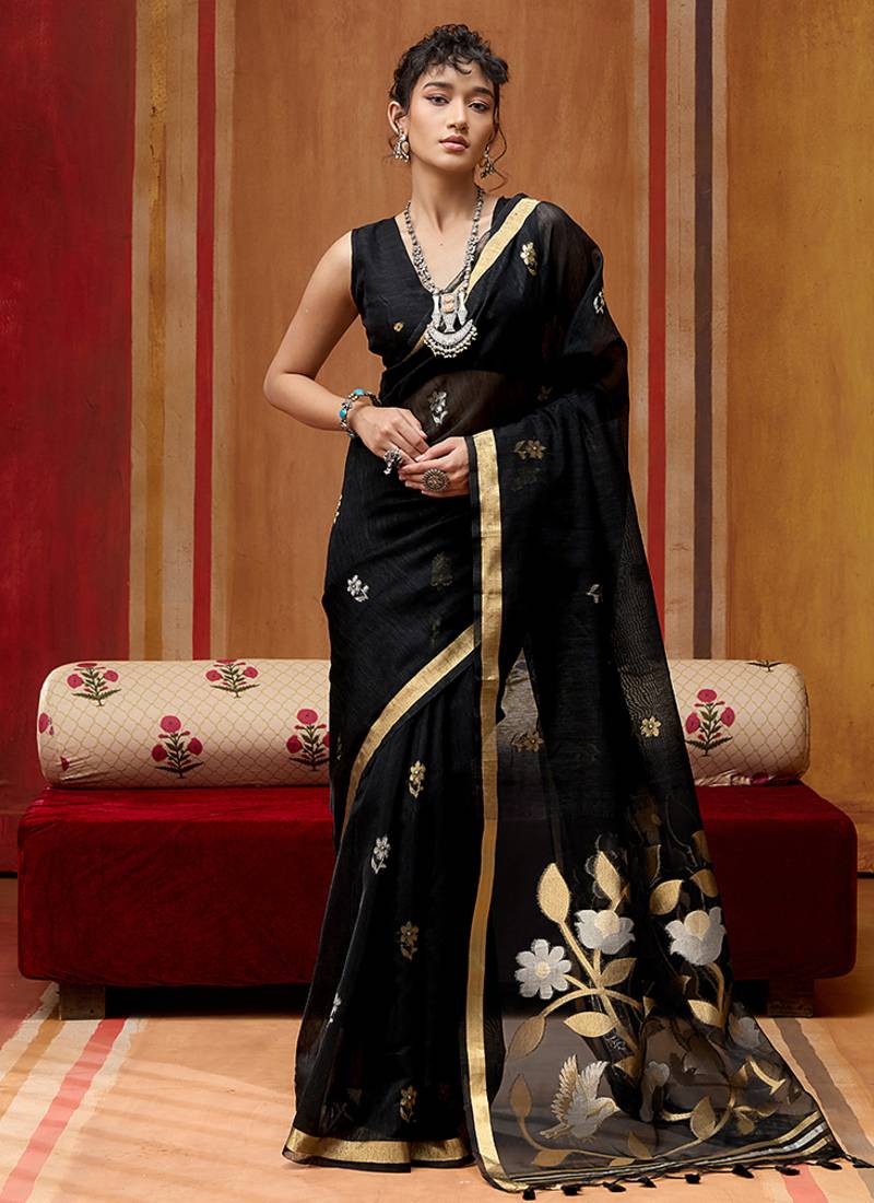 black art silk woven work saree