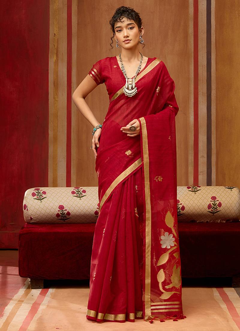 red art silk woven work saree
