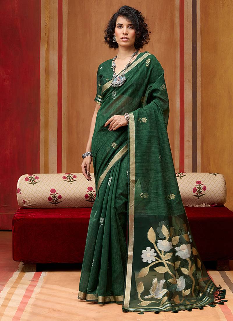 dark green art silk woven work saree