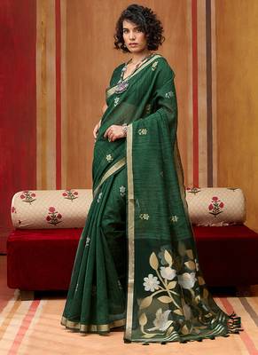 dark green art silk blend woven work saree 2
